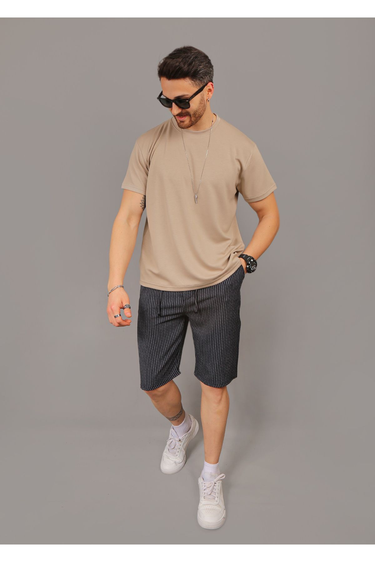 EydaMoon Erkek Line Pattern Likralı Jogger Beli Lastikli Arka Cep Fermuarlı Yazlık Şort