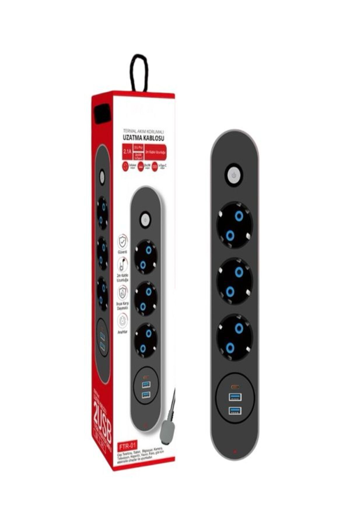 çelikwork inspiring technology FTR-1 2500Watt 2USB 1Type-C 10A Akım Korumalı 3'lü 2M Kablolu Siyah Çoklu Priz