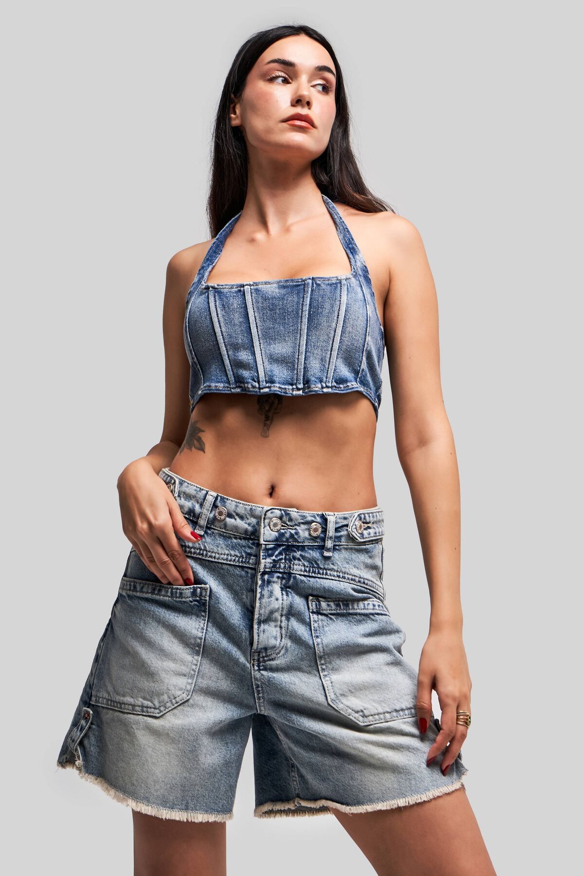 its basic Kadın Tint Kot Rengi Kemer Detaylı Önden Cepli Denim Şort