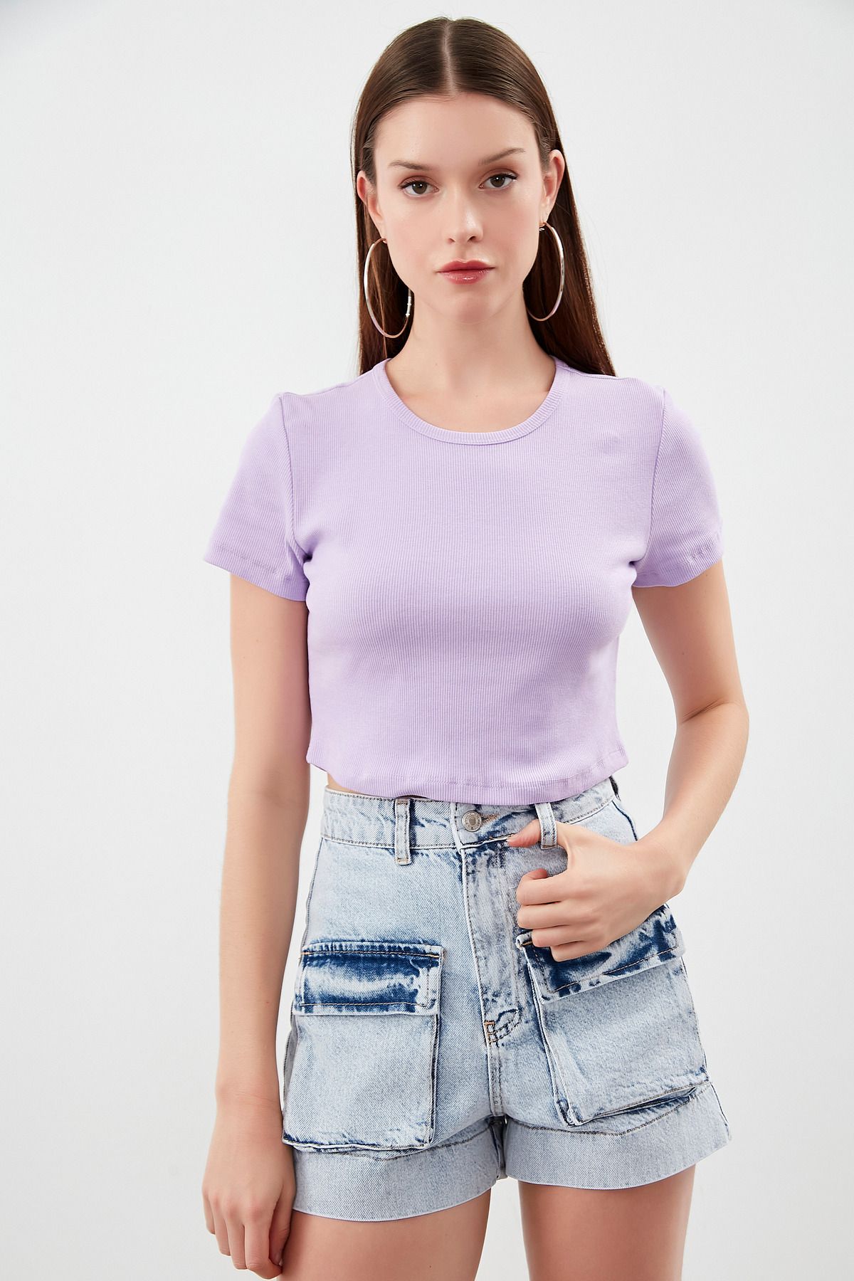 its basic Kadın Snow Kot Rengi Kargo Cep Denim Şort