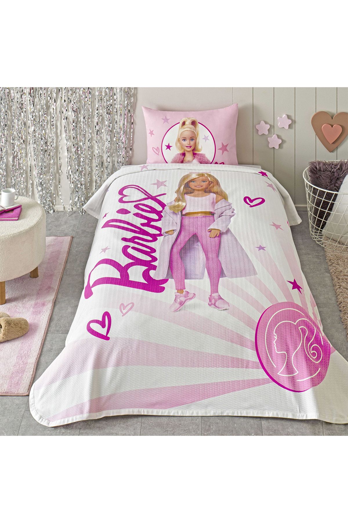 Taç Taç Lisanslı Barbie Light Tek Kişilik Pamuk Pike Takımı