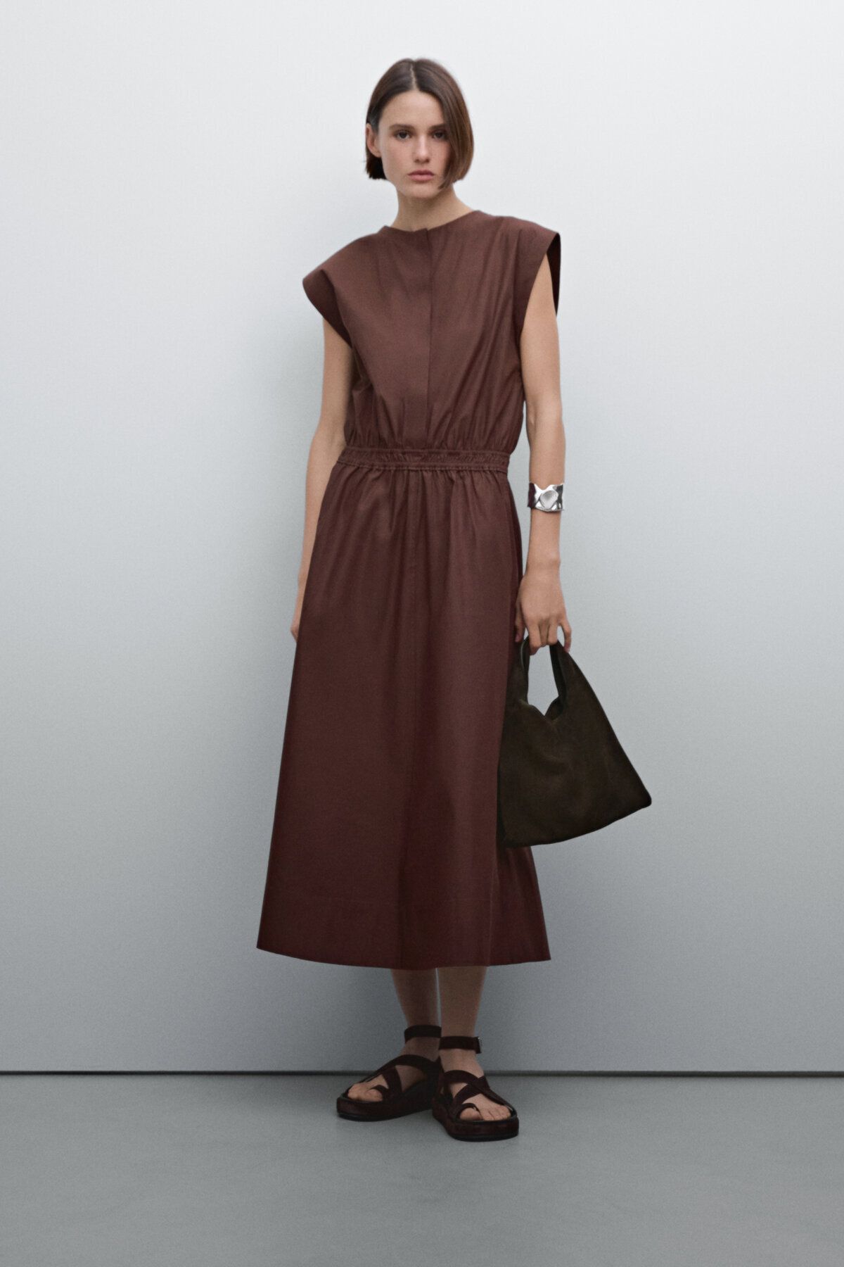 Massimo Dutti Elastik bel bantlı poplin midi elbise