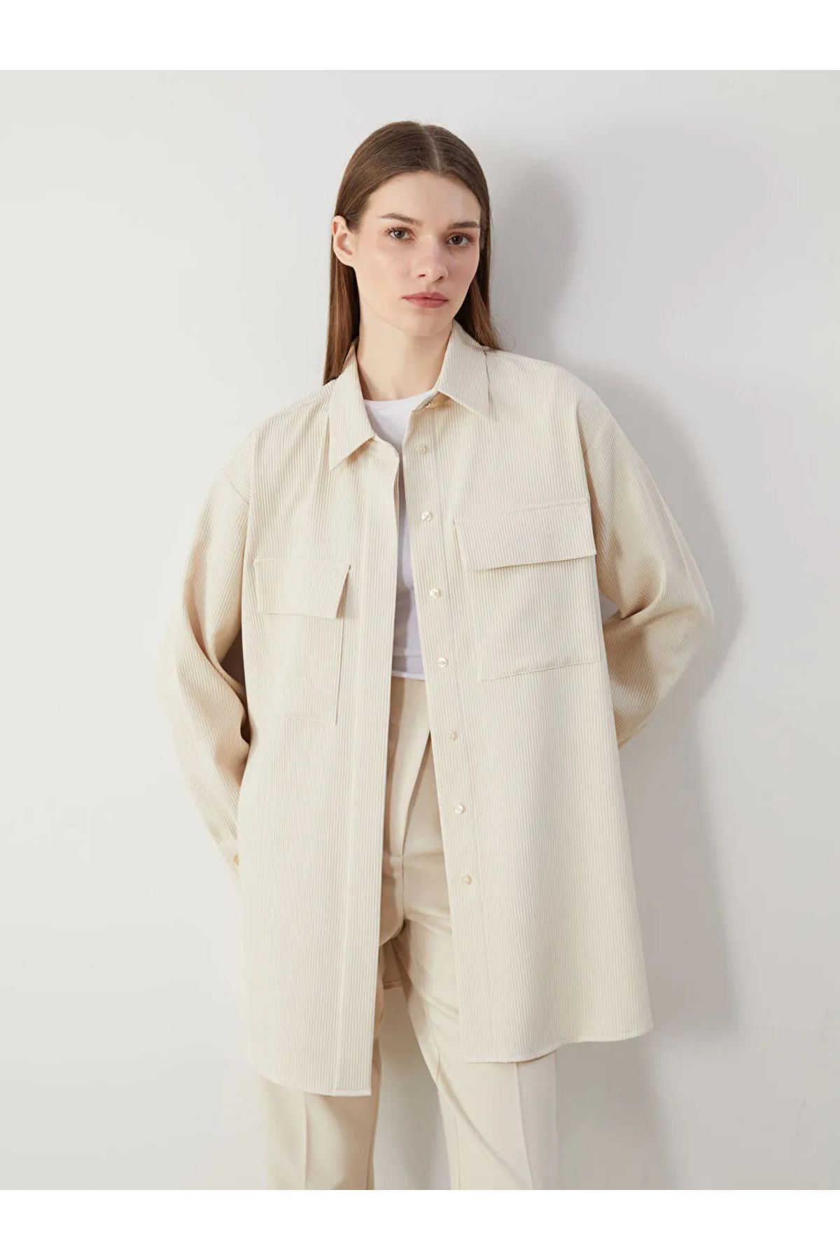 LC Waikiki LCW Modest Bej Dokulu Oversize Kadın Gömlek Tunik