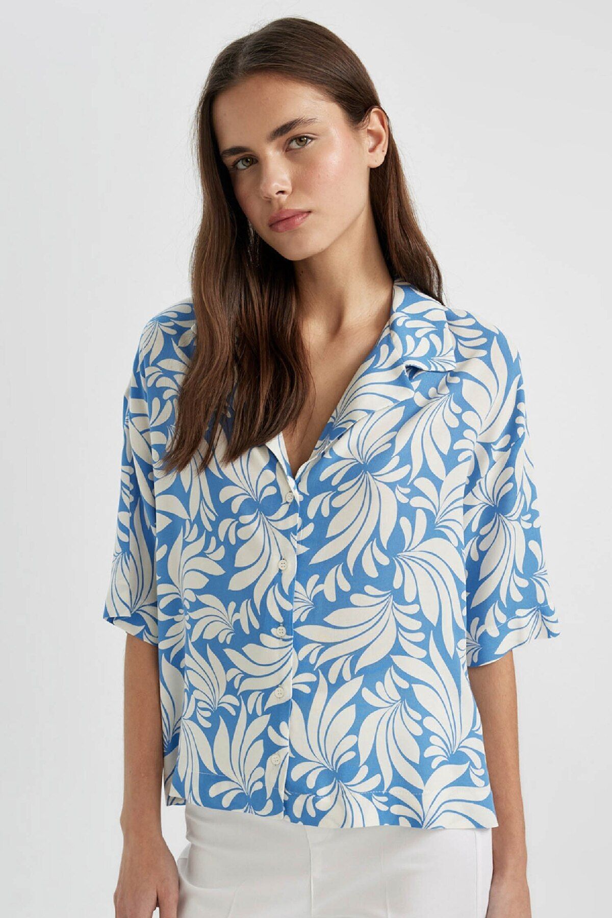 Defacto Regular Fit Desenli Pijama Yaka Kısa Kollu Gömlek C3389ax24sm