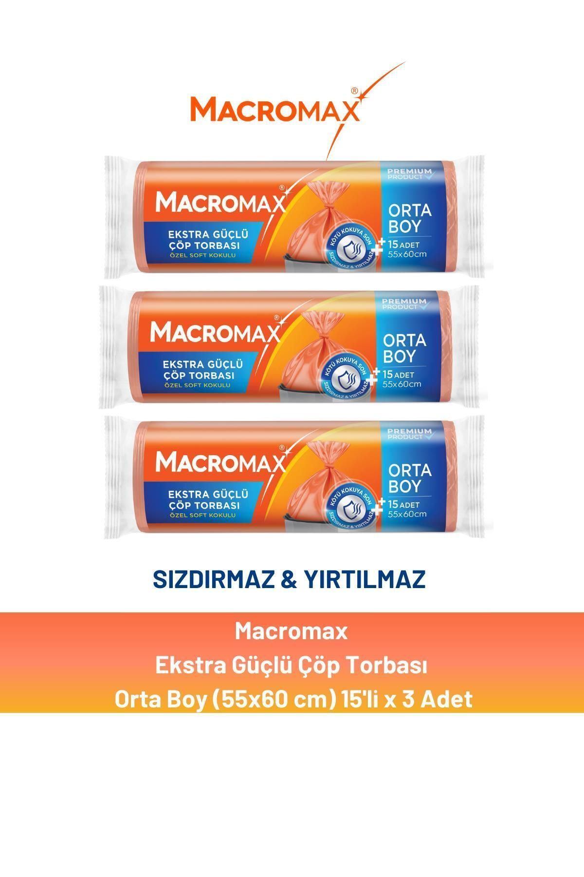 MACROMAX Ekstra Güçlü Çöp Torbası Orta Boy 15'li X 3 Adet