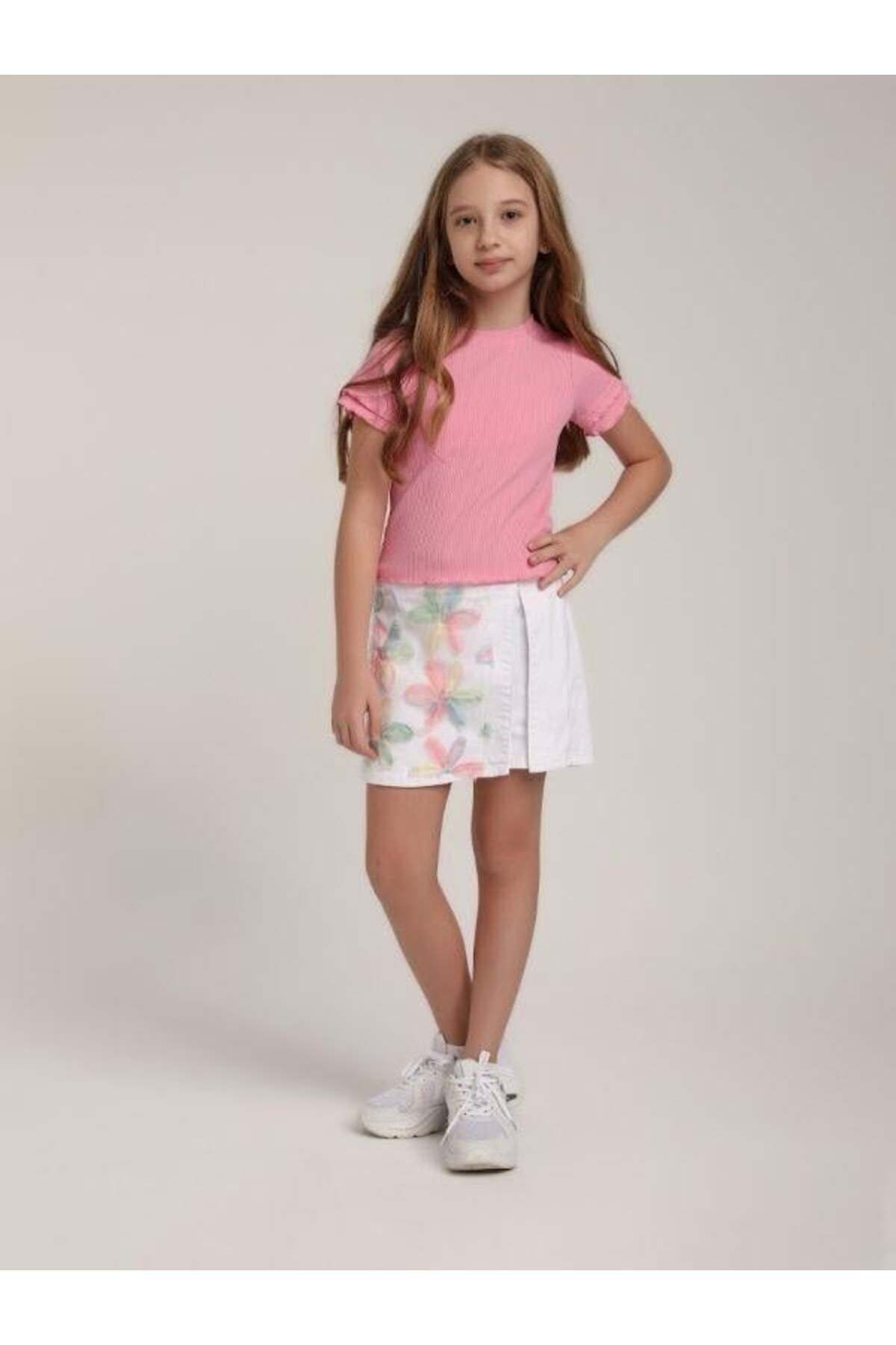 Zekids Kız Çocuk Çiçek İşlemeli Tasarım Kot Şort Etek