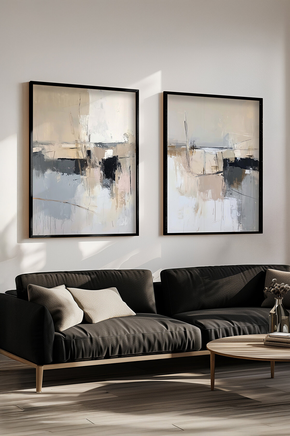 STARYUNA Siyah Çerçeveli Soyut Tablo Seti - 2'li Modern Dekorasyon