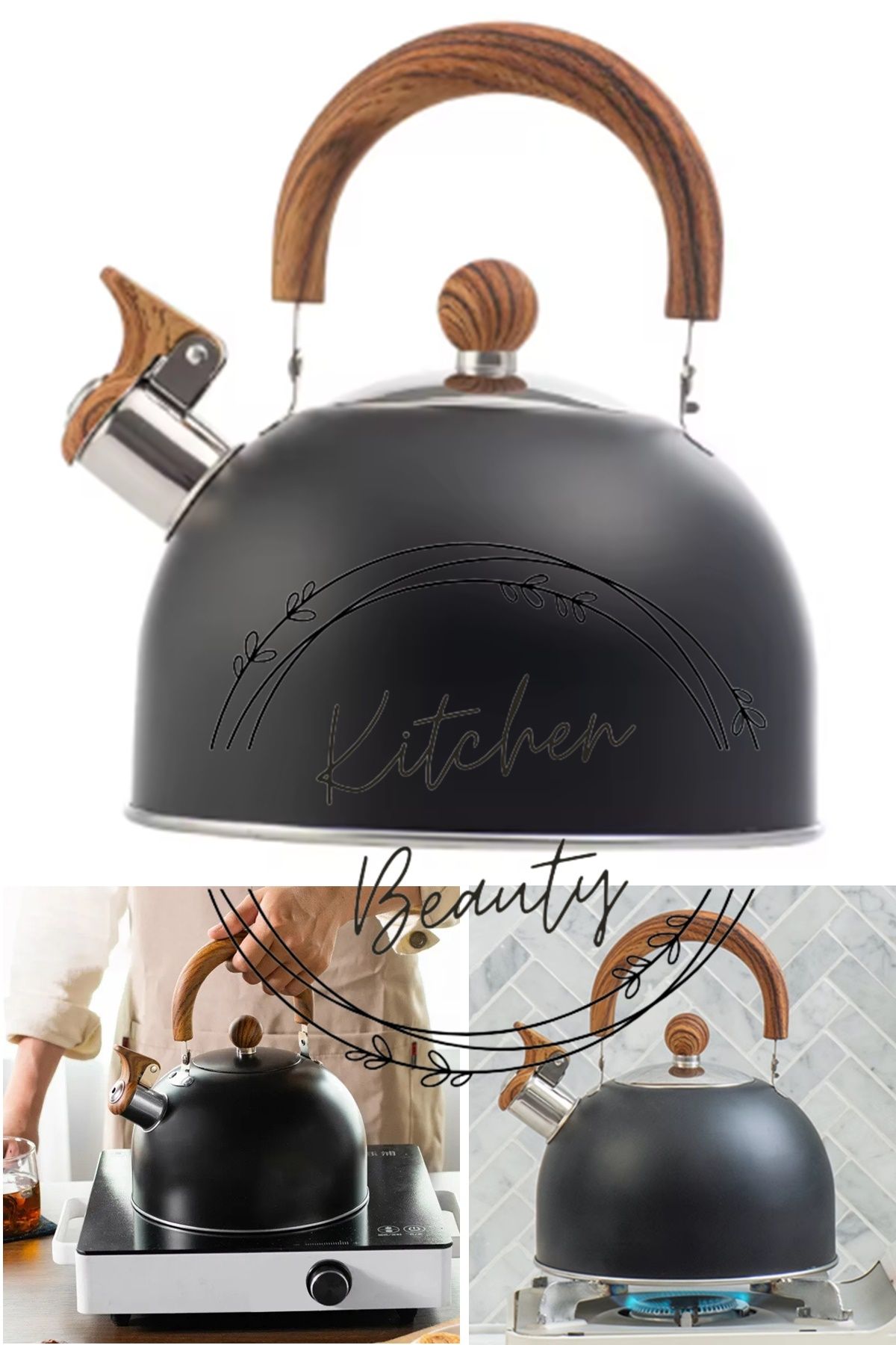 Kitchen Beauty Paslanmaz Çelik Düdüklü Su Isıtıcı 3 Litre Kettle Islıklı Demlik Isıya Dayanıklı Çaydanlık Siyah