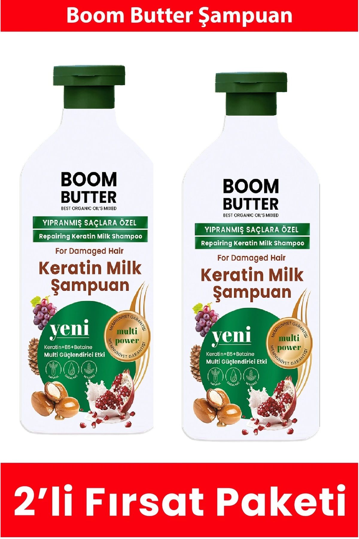BOOM BUTTER Multifonksiyonel (7 AKTİF) Keratin Milk Şampuan 400 ml * 2 adet