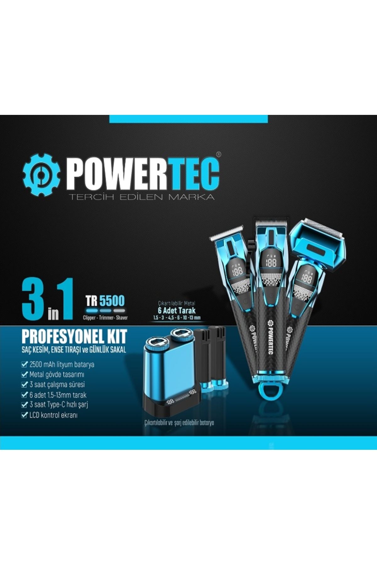 Powertec TR-5500 3in1 Profesyonel Bakım Kiti Saç Sakal Ense Vücut Günlük Tıraş Makinesi Seti