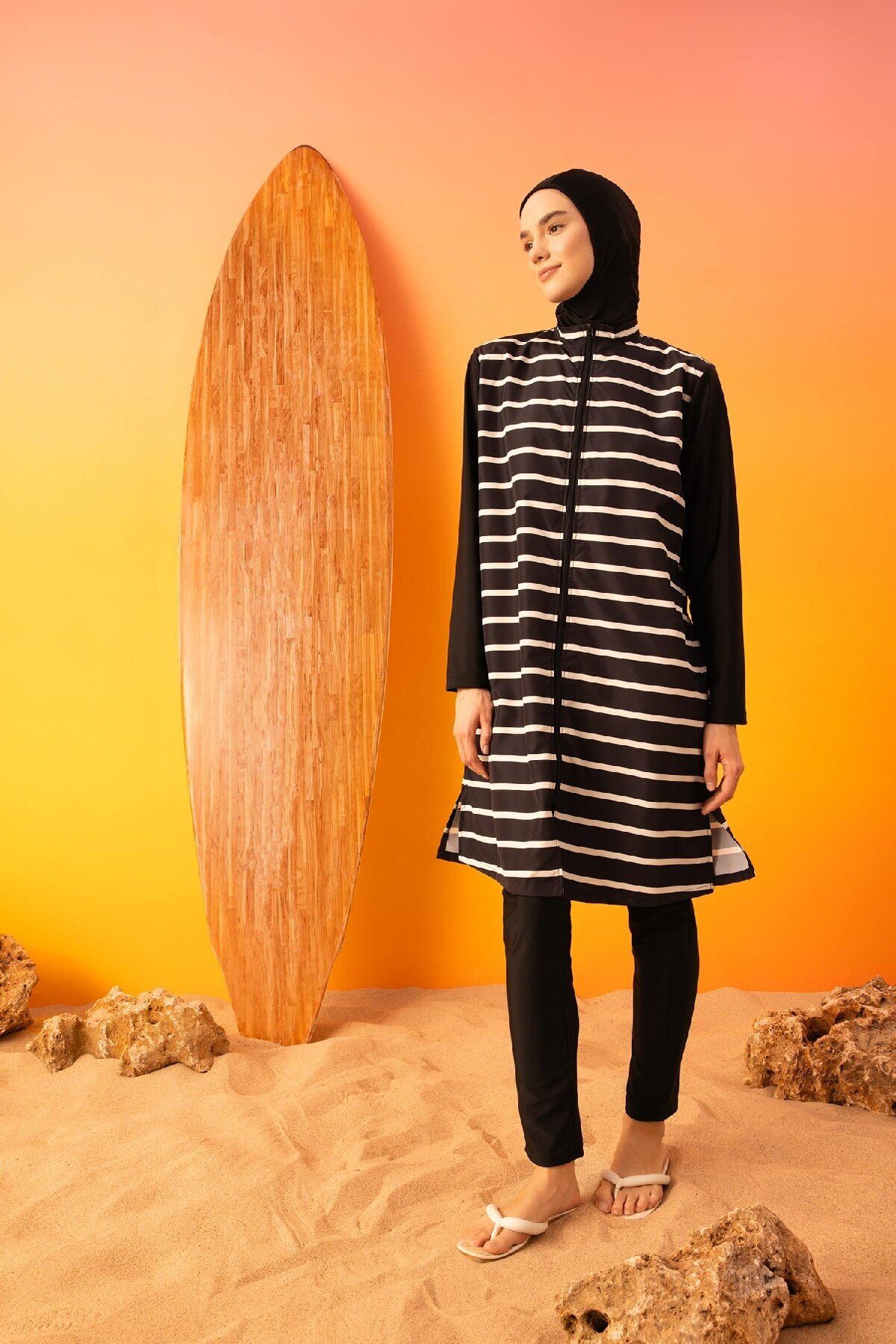 Defacto Regular Fit Çizgili 3lü Burkini Tesettür Mayo Takım B5226ax24sm
