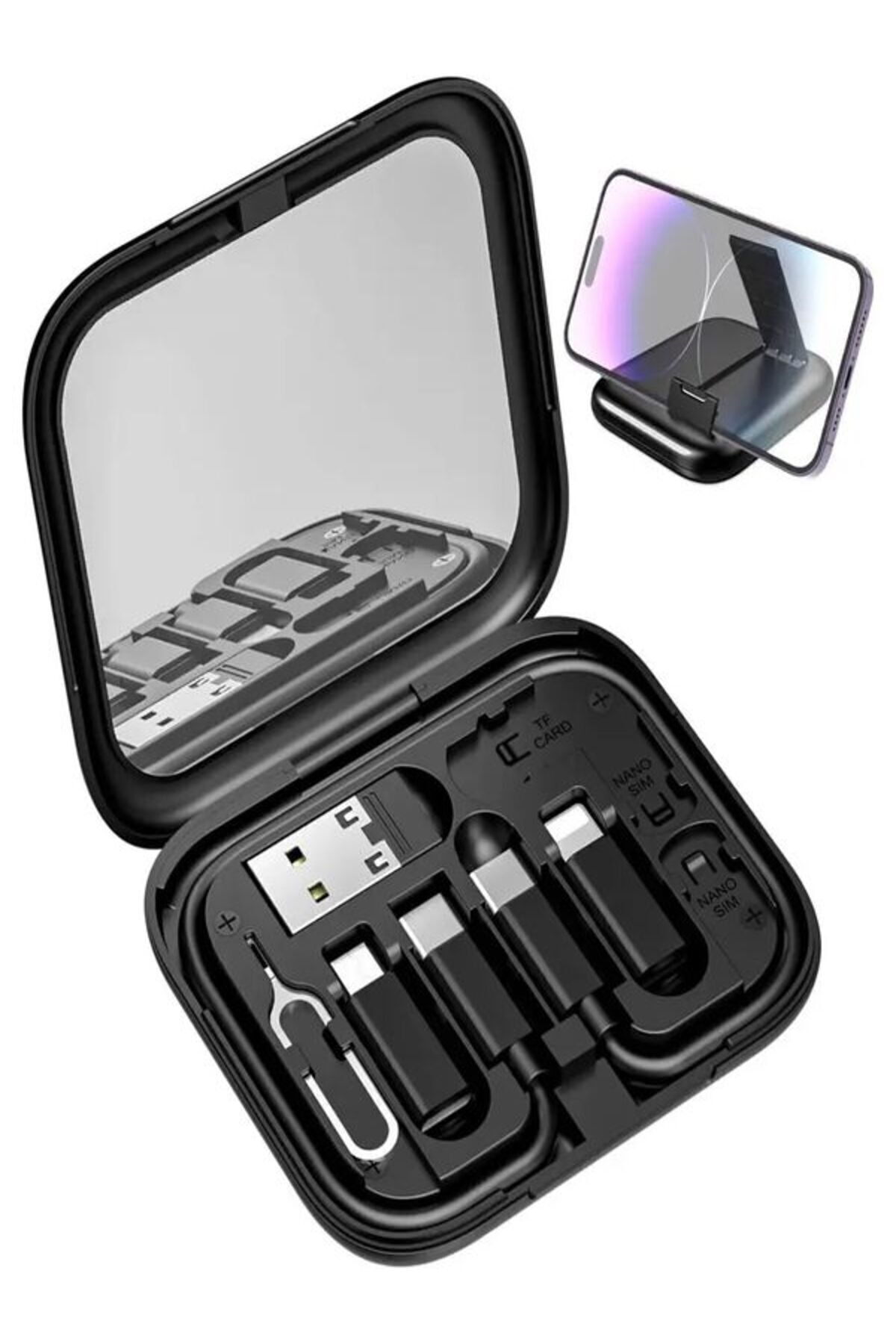 çelikwork inspiring technology Aynalı, Standlı 8-in-1 Çok Işlevli Seyahat Seti - Type-c, Usb, Micro, Lightning Port Çevirici