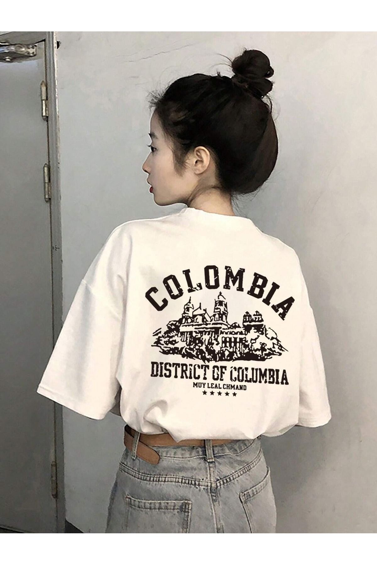 Sweetline Colombia Chmand Süprem T-Shirt - Beyaz Baskılı Oversize Bisiklet Yaka Tişört