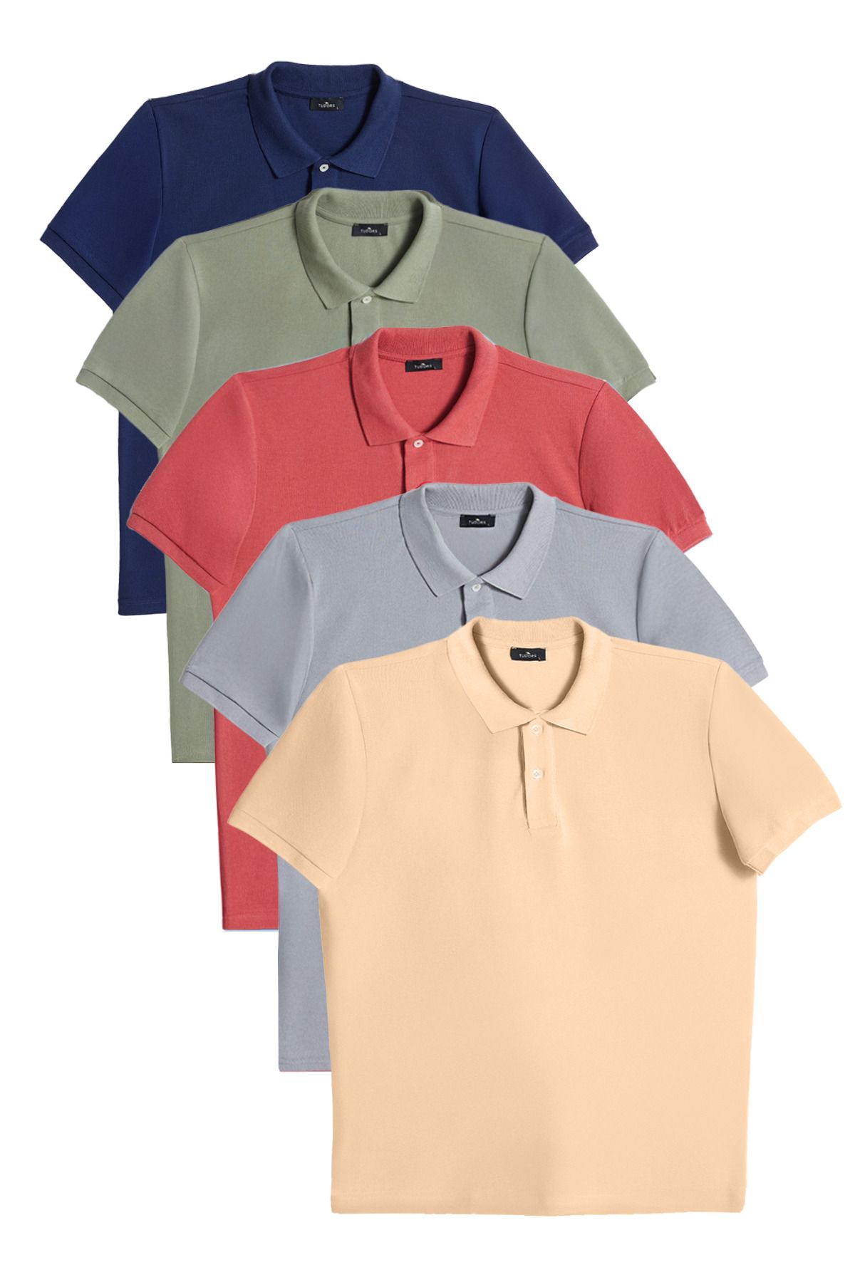 Tudors Erkek 5'li Paket Lacivert-Haki-Kiremit-Gri-Bej Slim Fit Dar Kesim Pamuklu Düz Pike Polo Yaka Tişört