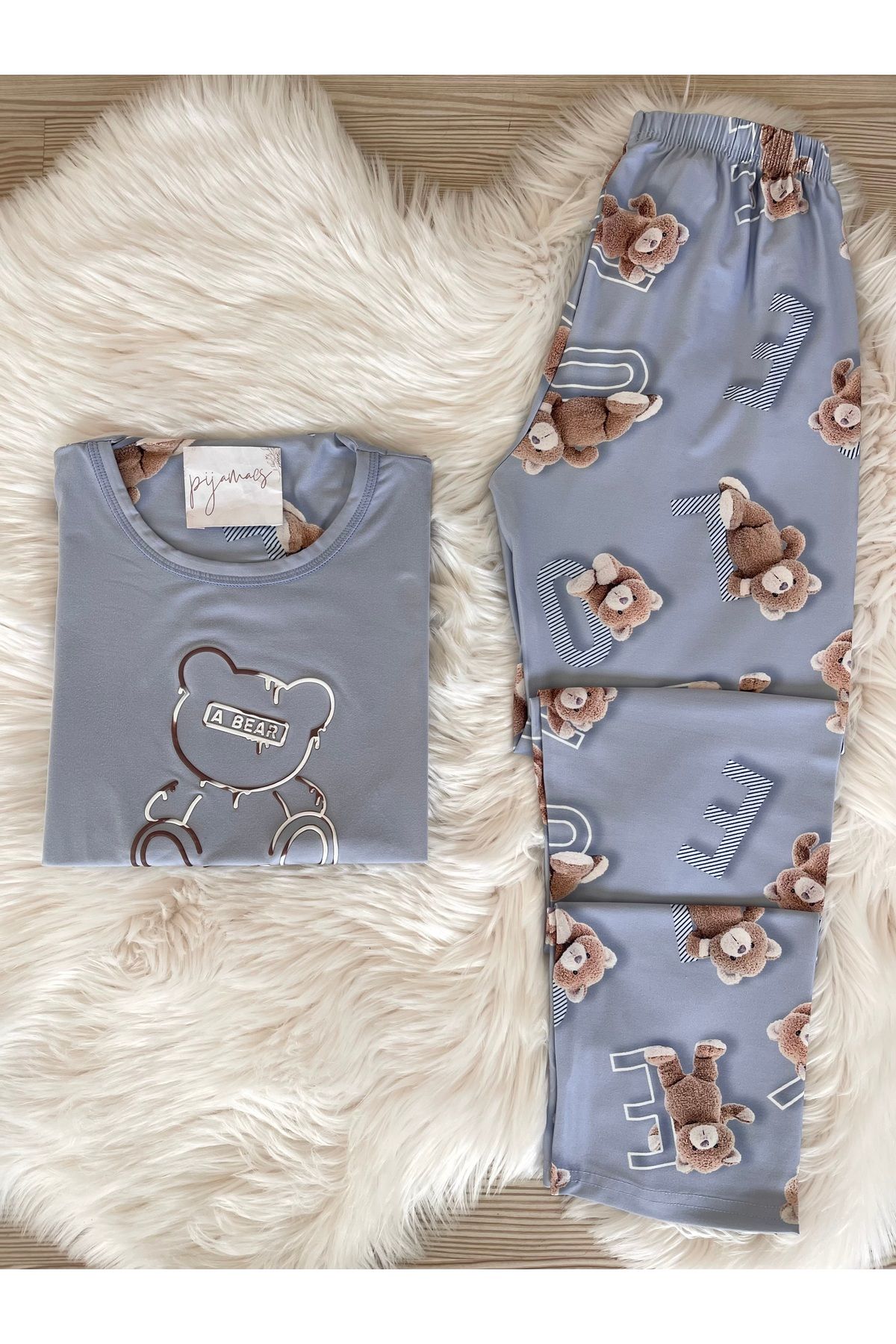 Pijamacs Mavi Ayıcık Desenli Kısa Kollu Örme Pijama Takımı
