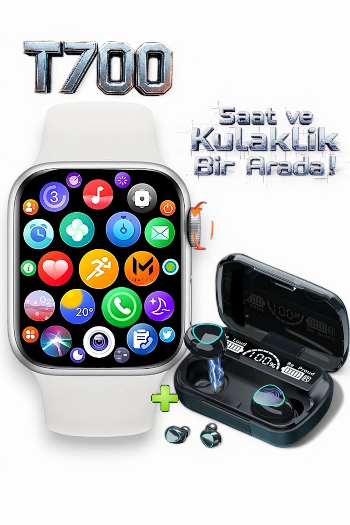 MATEO T700 Akıllı Saat ve M-ON Bluetooth Kulaklık Seti - iOS & Android Uyumlu, Adımsayar, Nabız Ölçer