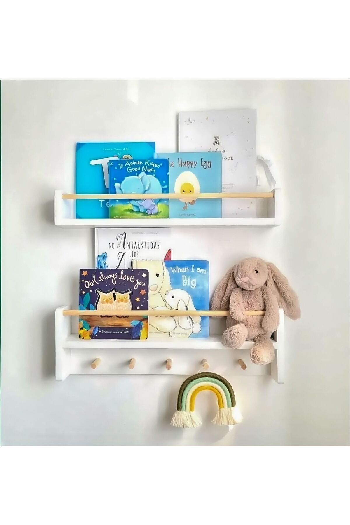 Sef moda 50 Cm 2’li Montessori Askılıklı Duvar Rafı Kitaplık Beyaz Mdf