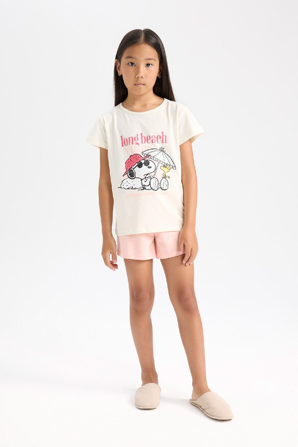 Defacto Kız Çocuk  Snoopy Pijama Takımı Kısa Kollu Üst Beli Lastikli Kısa Şort D9831A824WN