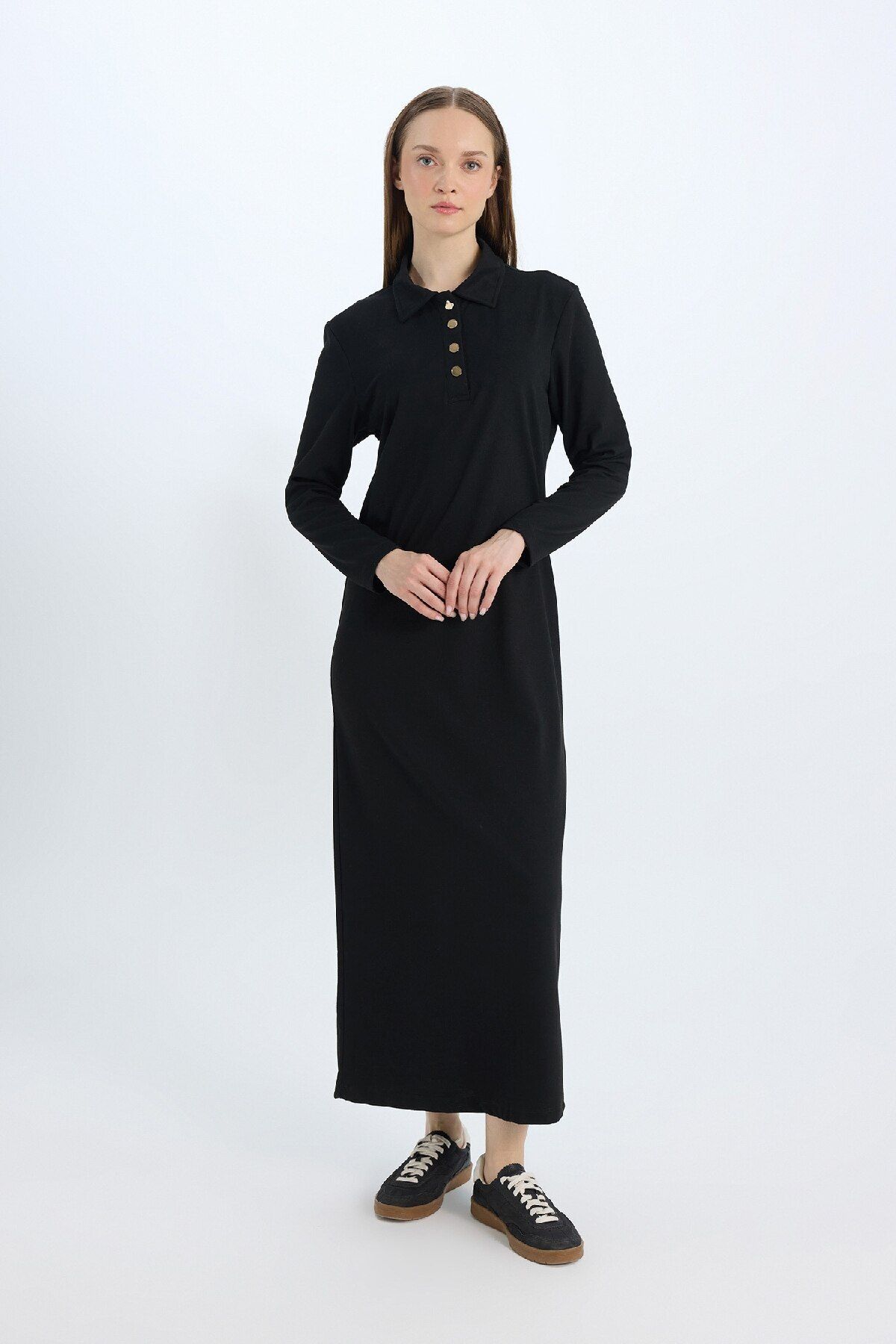 Defacto Regular Fit Gömlek Yaka Basic Düz Uzun Kollu Pike Maxi Elbise E1417ax24wn