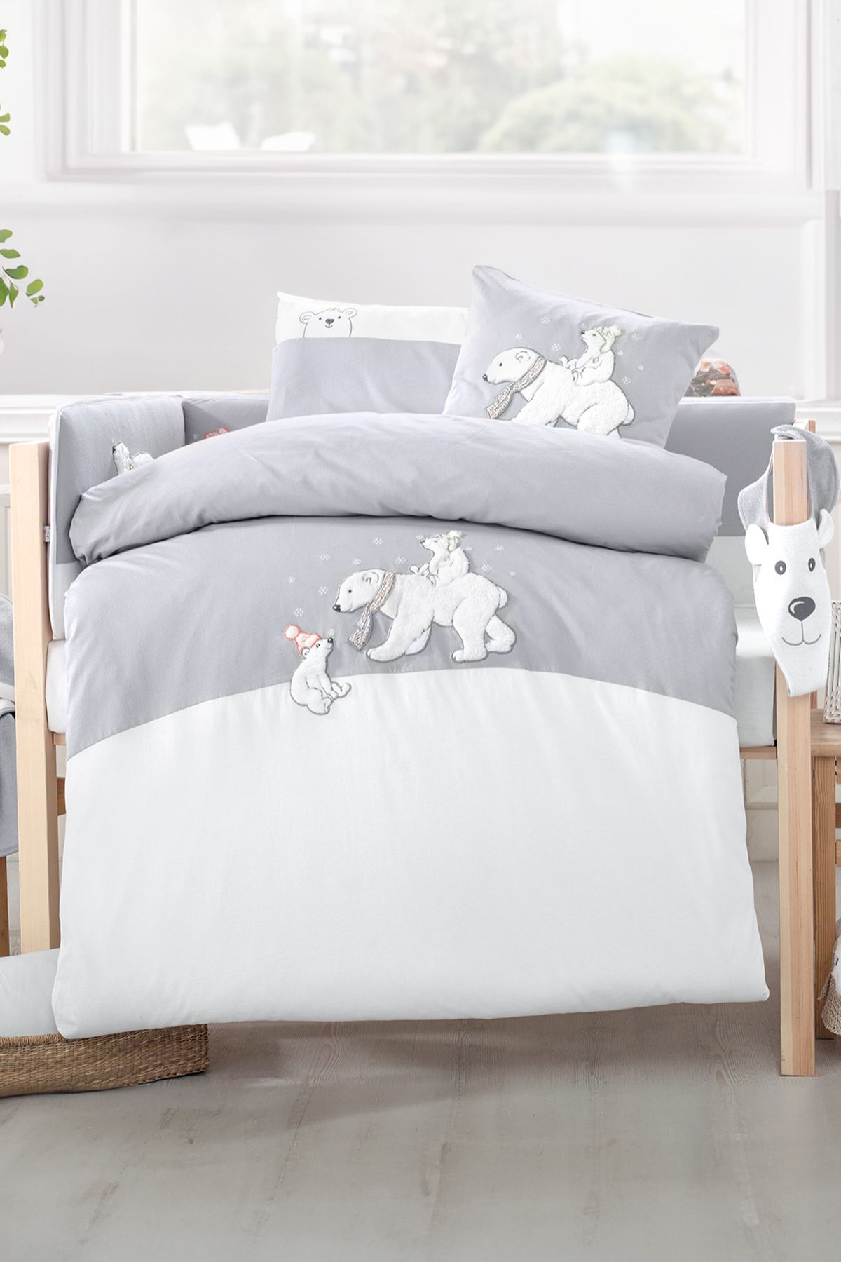 SYDNEY Bebek 3lü Uyku Seti %100 Pamuk 100x135cm Gri White Bears Nevresim Takımı 70x140 Lastikli Çarşaf