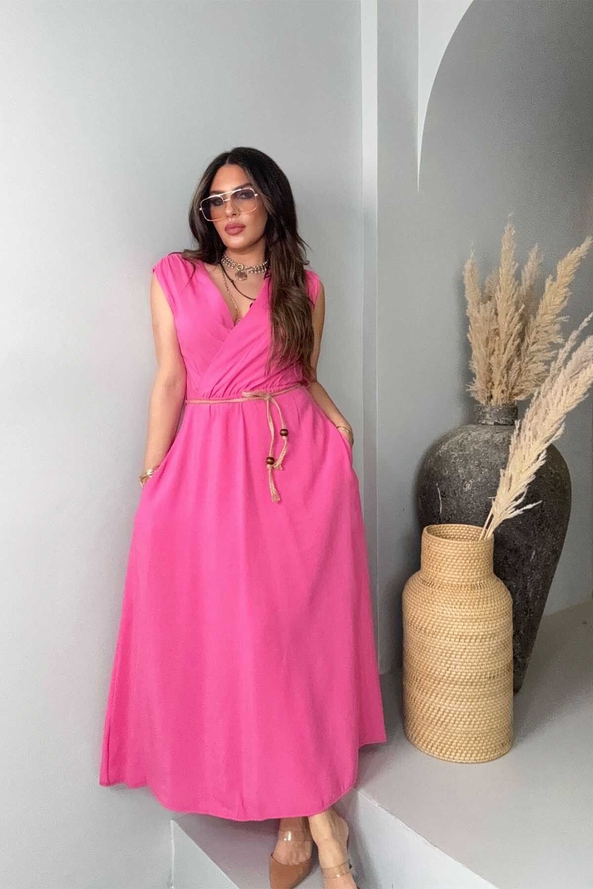 Sohotique By P Kruvaze Kolsuz Hasır Örme İp Detay Elbise Pembe