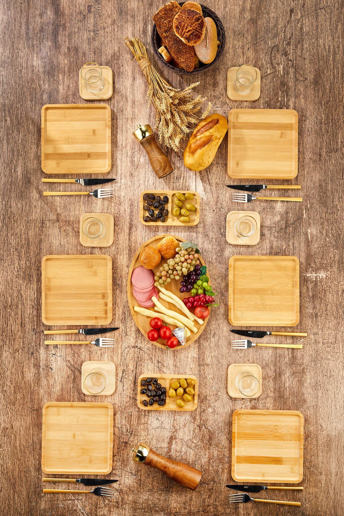 Oziy Home 15 Parça 6 kişilik Stackable %100 bambu Kahvaltı Pasta Tabakları ve tabak takımı Seti