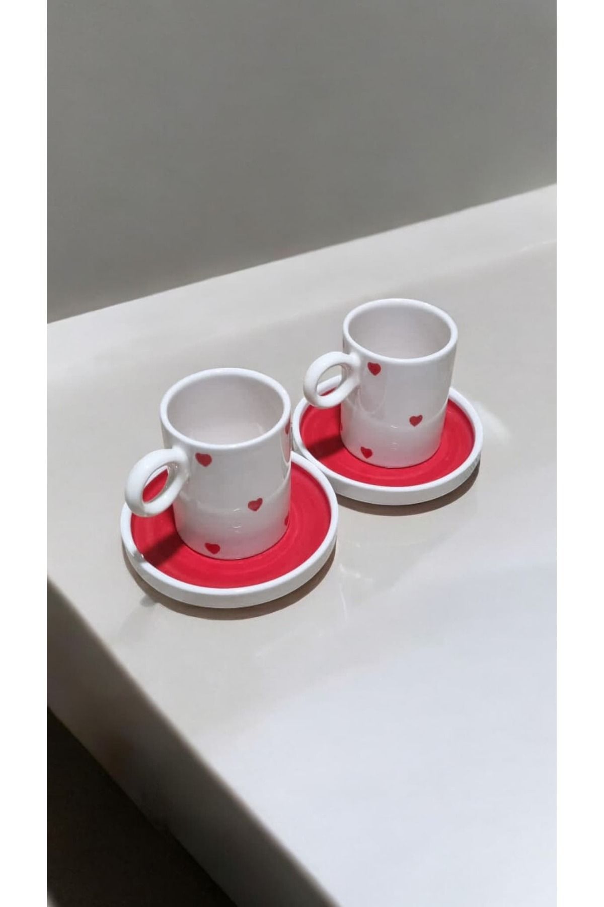seda seramik EL YAPIMI 4 PARÇA 2 KİŞİLİK KALP DESENLİ KAHVE FİNCAN TAKIMI 110 ML.