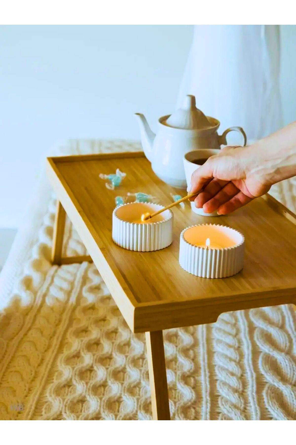 Nevhan Sanat Çizgili Beton Tealight Mumluk 2’li Set – Modern El Yapımı Dekoratif Mumluk