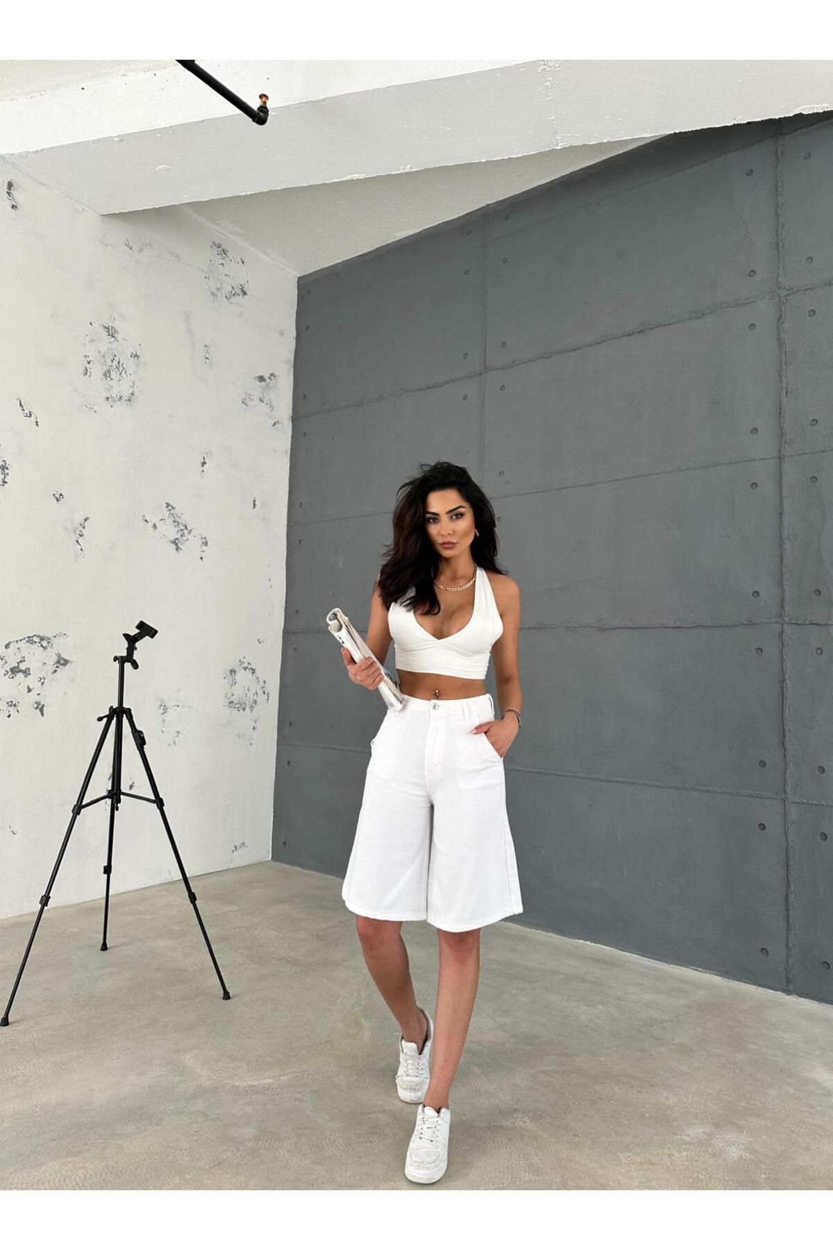 Zeo Basic WHİTE DENİM CEP DETAYLI BERMUDA ŞORT