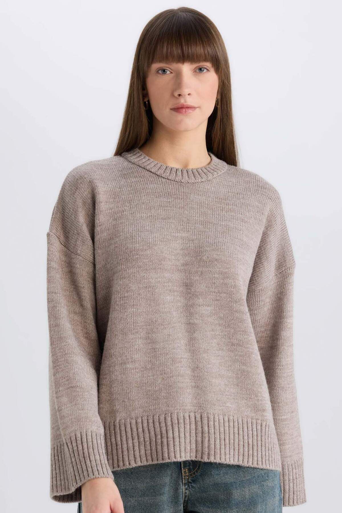 Defacto Oversize Geniş Kalıp Bisiklet Yaka Basic Düz Triko Kazak D0036AX25SP