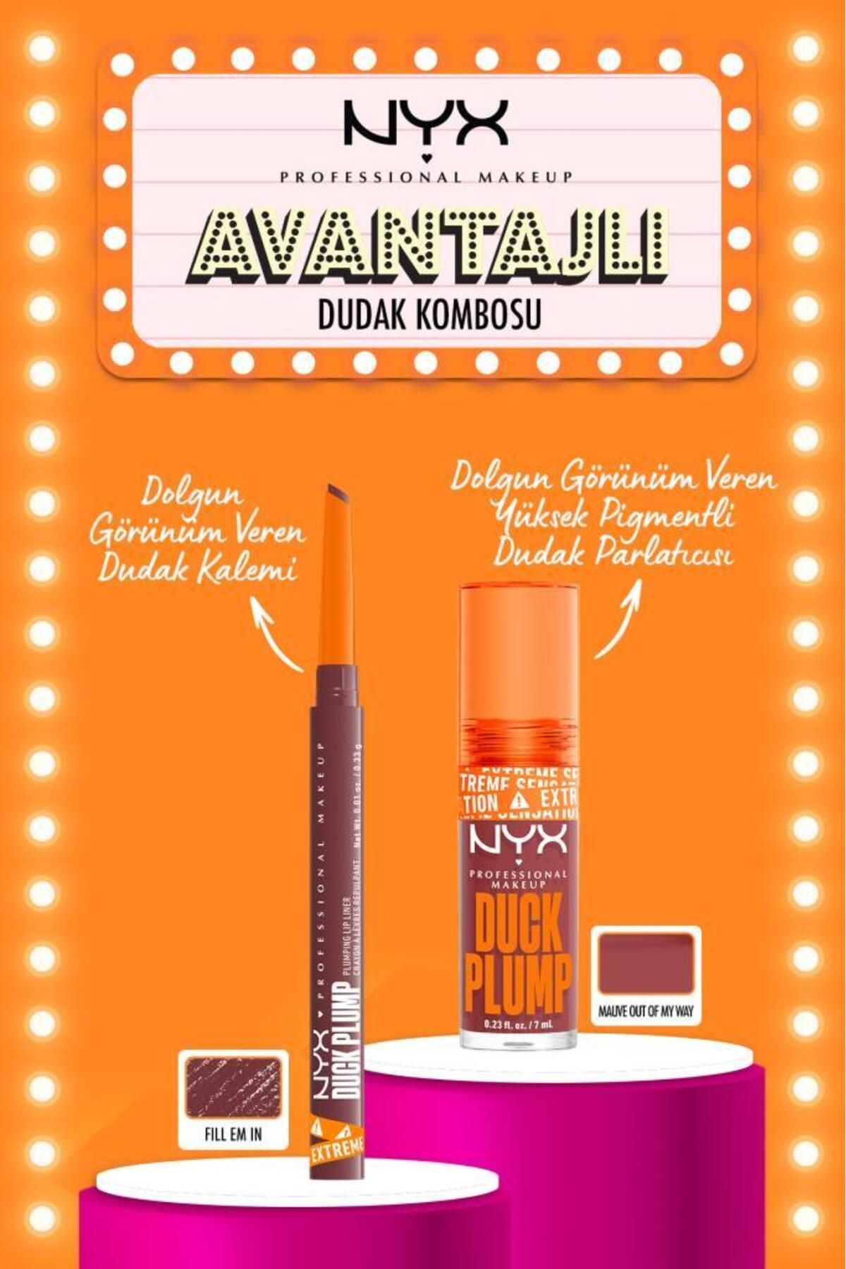 NYX Professional Makeup Duck Plump Dolgun Görünüm Veren Dudak Parlatıcısı-08 Mauve Out Of My Way&Dudak Kalemi 04 Fill Em' In