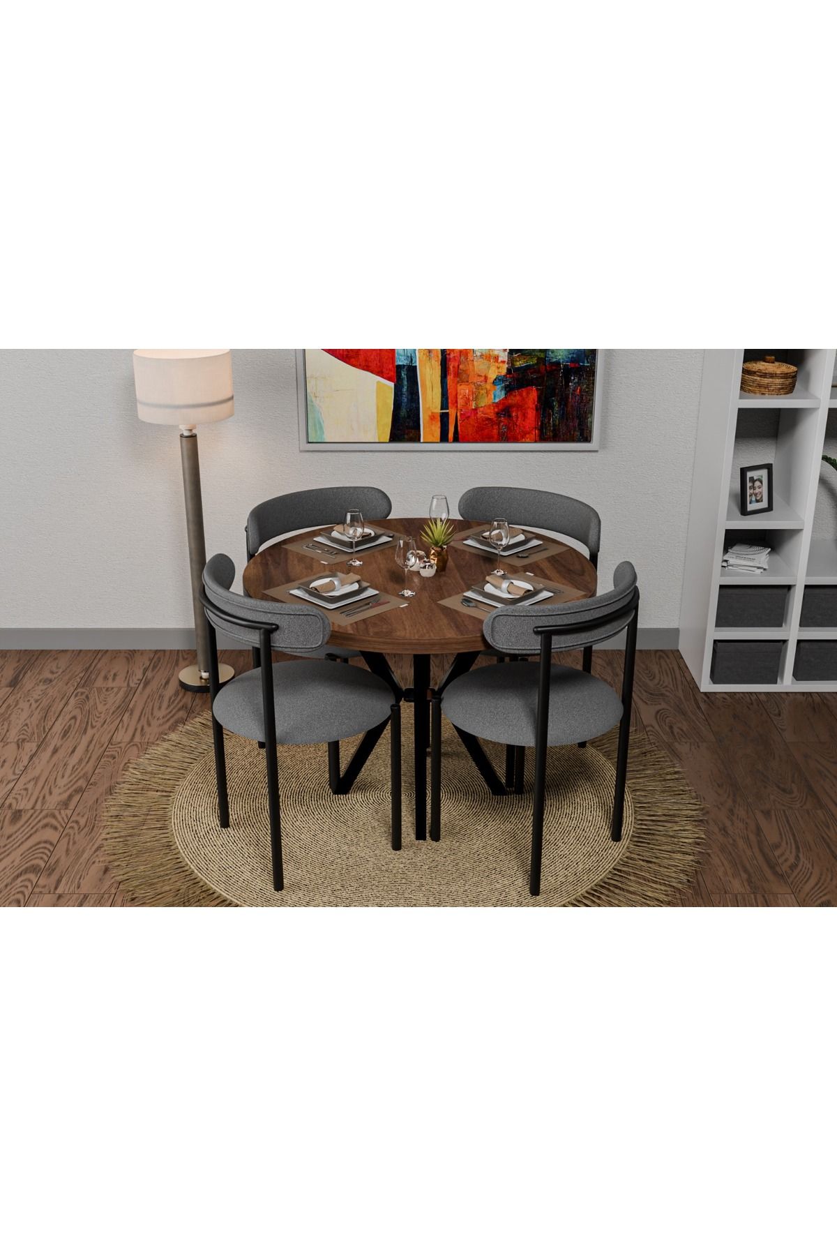 İdeal home İdeal home mdf yuvarlak ceviz masa ve 4 tedy sandalye mutfak ve balkon masa takımı