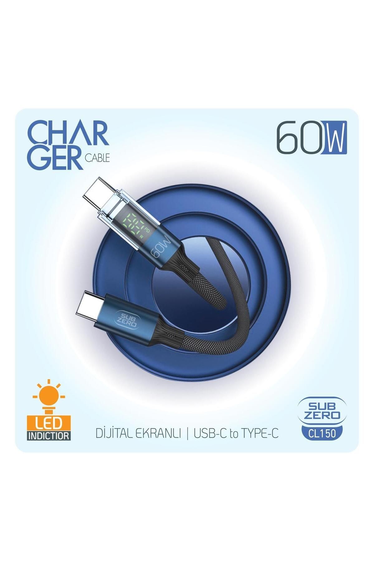 Subzero CL150 60W PD Type-C Type-C Led Göstergeli Hasır Hızlı Şarj Data Kablosu