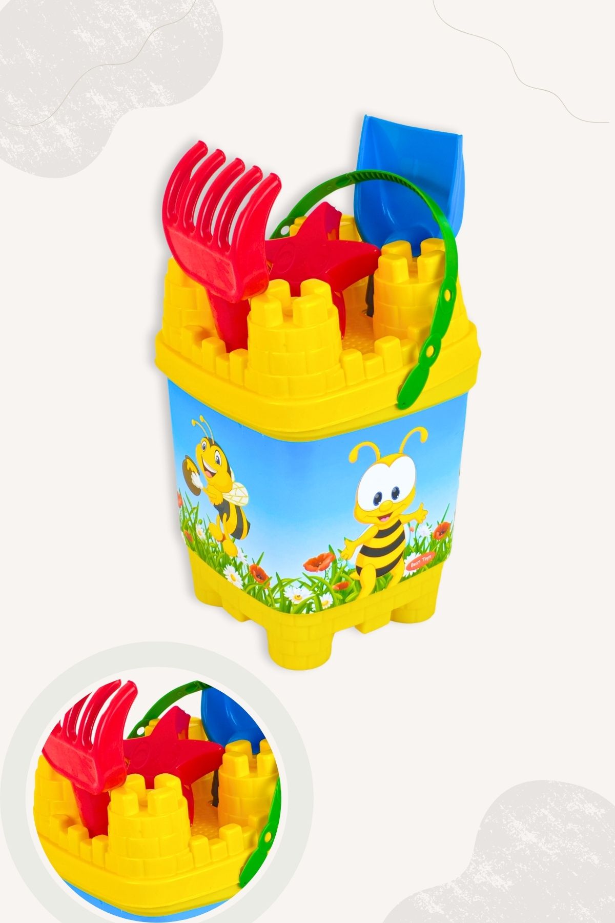 BubbyPlay Arı Kale Kova Yaz Plaj Seti Kova, Kürek, Tırmık, 1 Kum Kalıbı Karışık Renkli