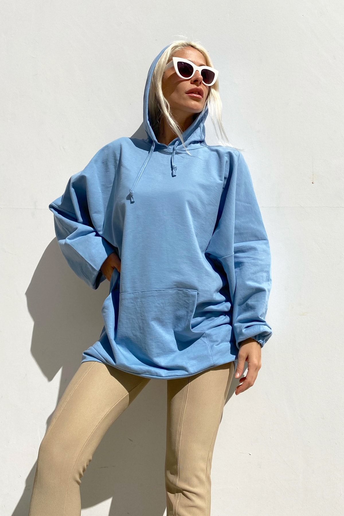 Swist Mavi Kanguru Cepli Kapüşonlu Oversize Sweatshirt