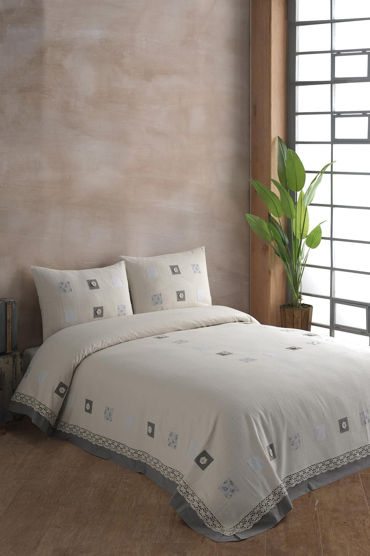 ÖDEL HOME Antrasit Yamalı El Işi Dantelli Tek Kişilik Pike Yatak Örtüsü