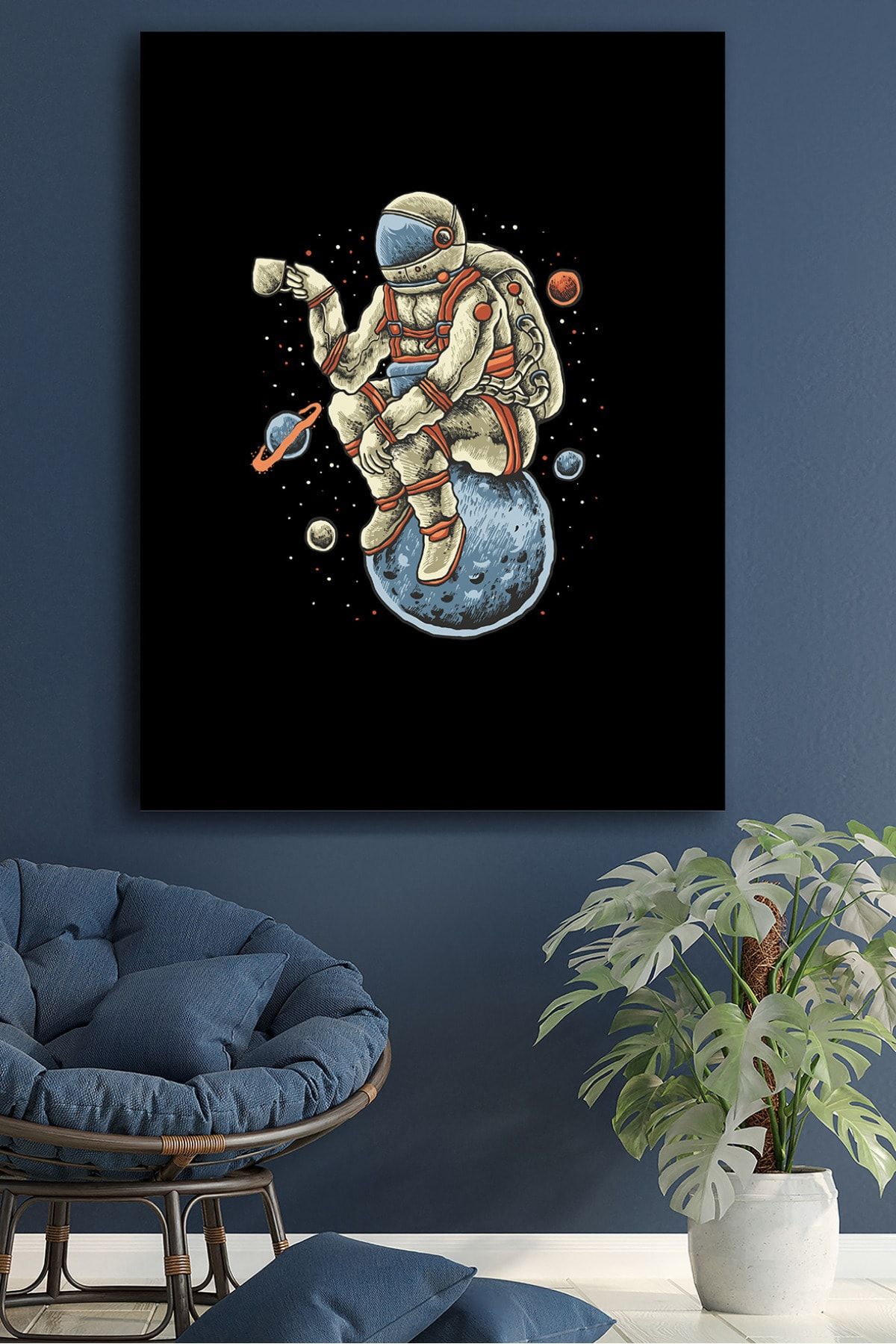 Blok Design Kanvas Tablo Dünya Ay Astronot Kahve Illüstrasyon Dekoratif Duvar Tablosu