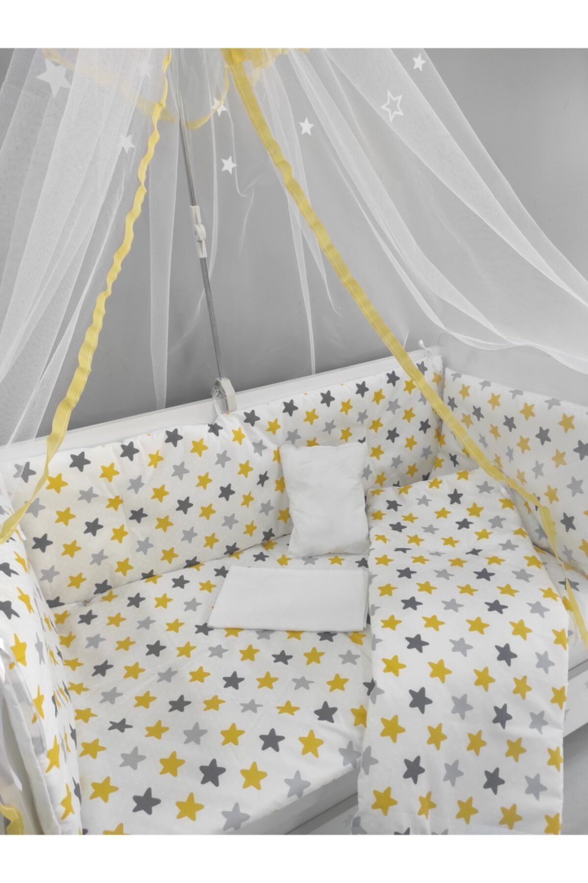 serkan avm Sarı Yıldızlı Bebek Beşik Uyku Seti 60x120 9 Parça Cibinlik Ve Aparat Hediye