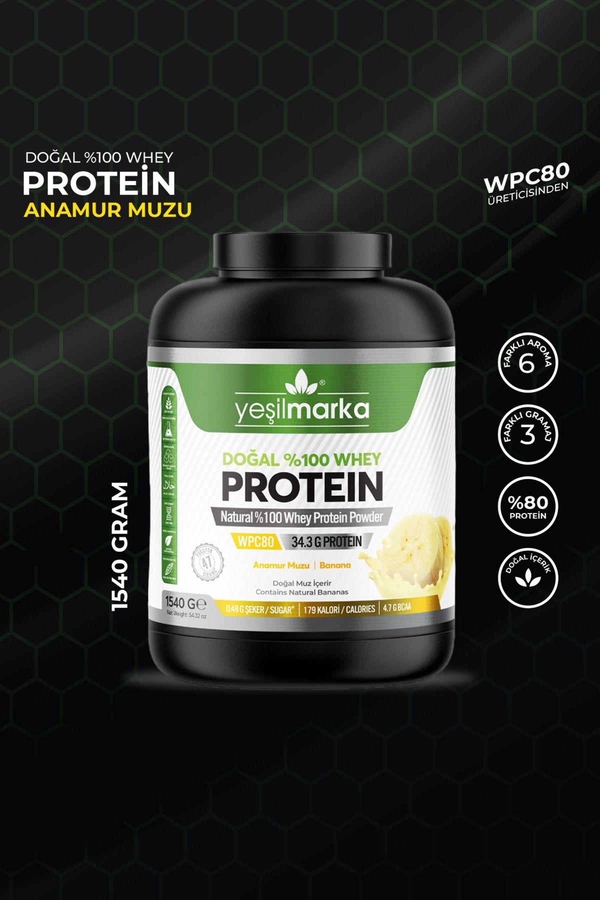 yeşilmarka Doğal Whey Protein Tozu– Anamur Muzu 1540g- Sadece %80 Protein Içeren Whey Protein Içerir