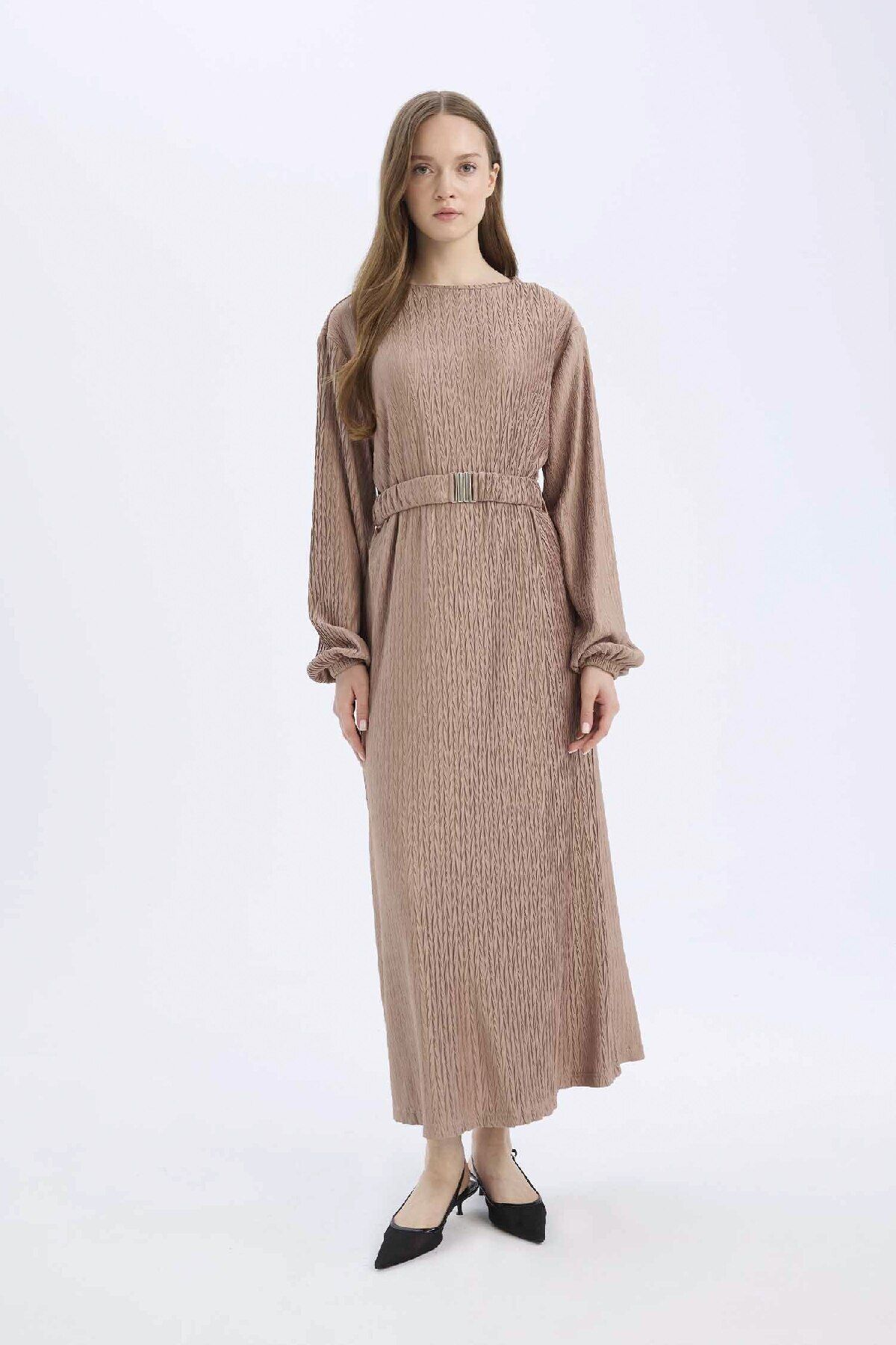 Defacto Regular Fit Pilise Uzun Kollu Maxi Elbise E1952AX25SP