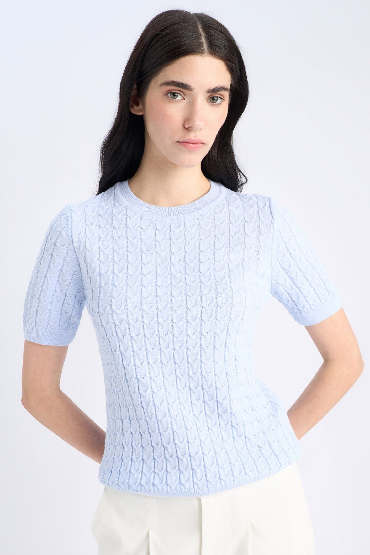 Defacto Regular Fit Bisiklet Yaka Basic Düz Triko Kısa Kollu Kazak D3306AX25SM