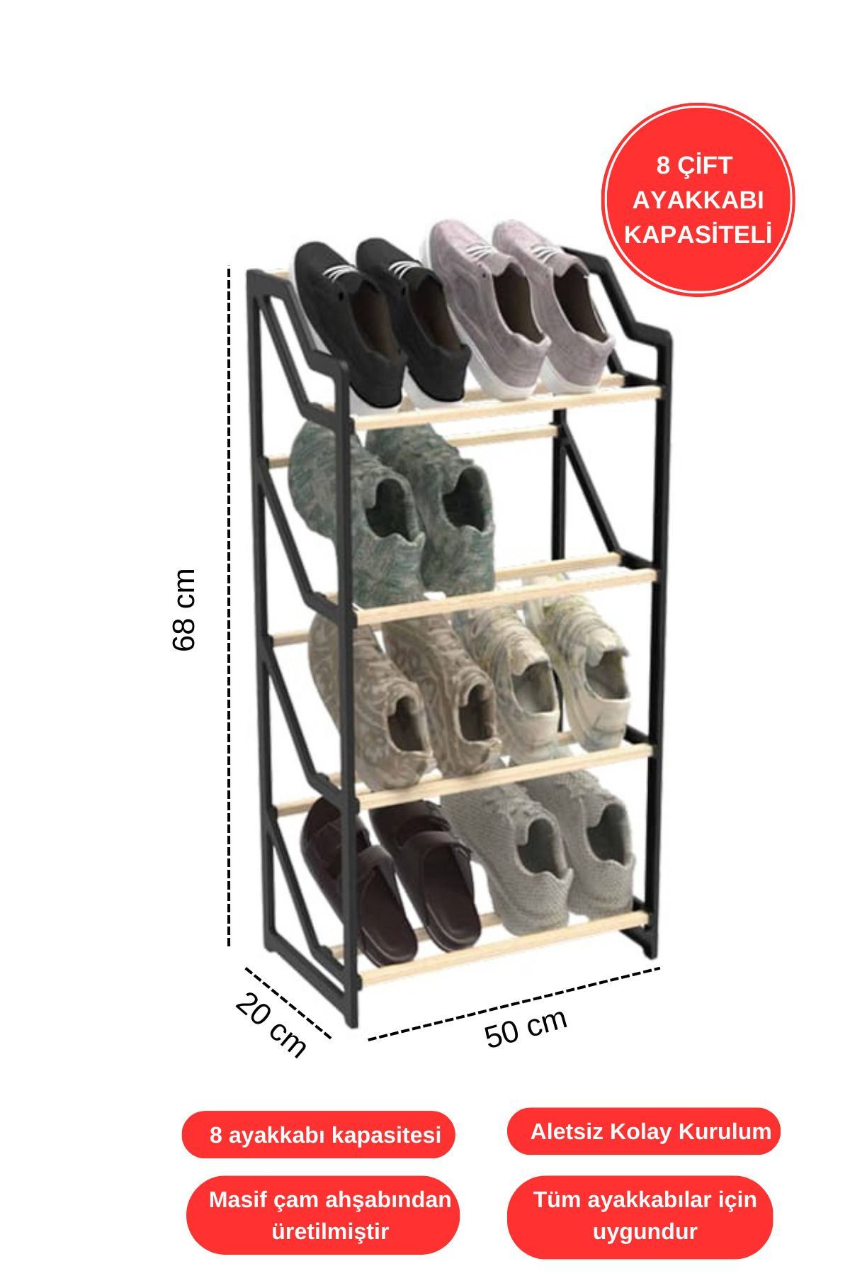 Elegant Plastik Masif Çam Ahşap Çubuklu 4 Bölmeli Ayakkabılık 8 Çift Ayakkabı Kapasiteli 1.Sınıf Kalite Ayakkabılık