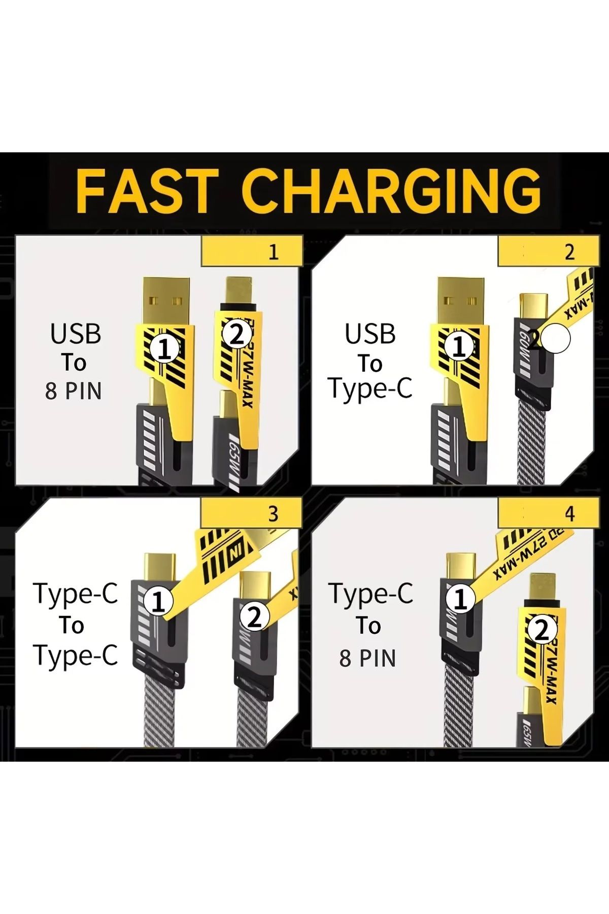 TUROVE Çoklu Şarj Kablusu 4IN1 65+27 4ü Bir Arada Type-C Usb IOS Hızlı Şarj Kablosu