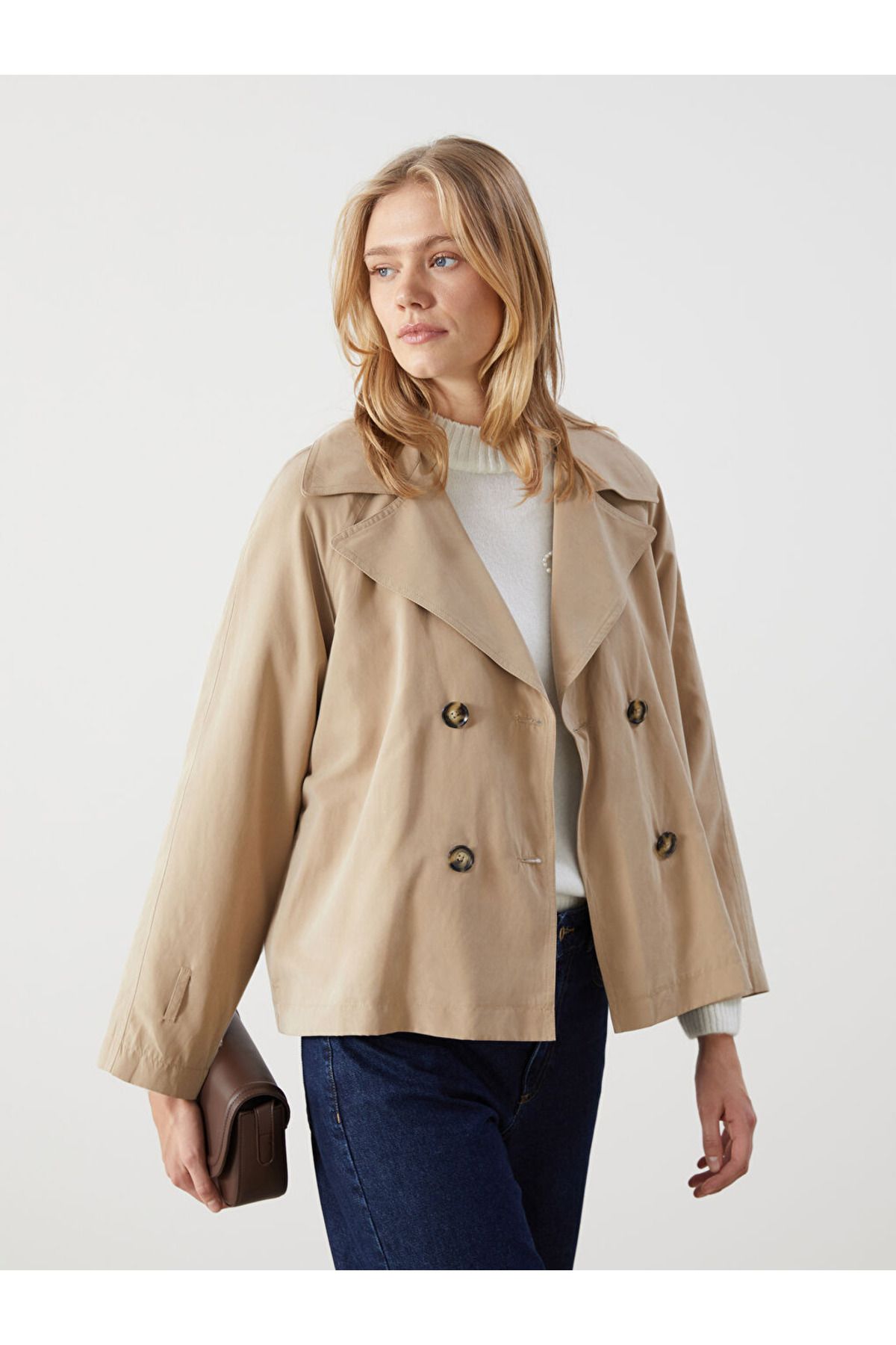 LC Waikiki Kahverengi Ceket Yaka Oversize Kadın Trençkot