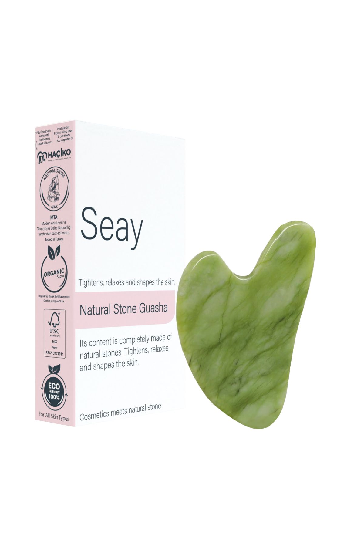 Seay Yeşim Taşı (JADE) Kalp Gua Sha Yüz Masaj Aleti Değerli Doğal Taş Sertifikalı
