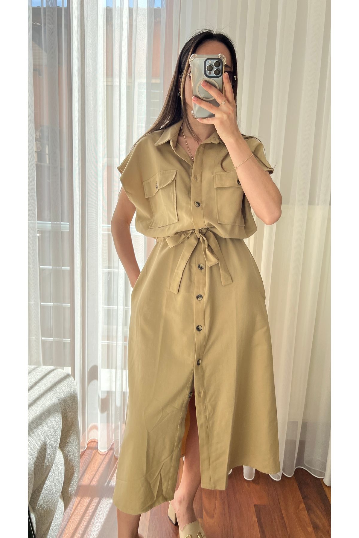 MODA Zr Ham keten Hardal Sarı Elbise
