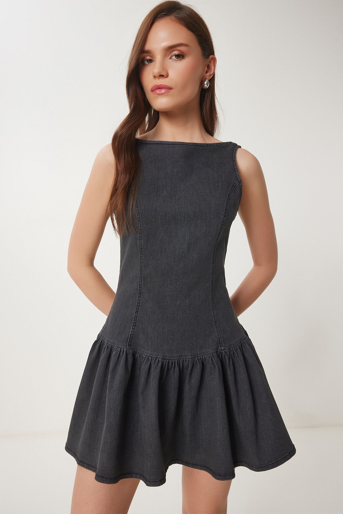 Lovelyİstanbul Fırfırlı Mini Denim Elbise ANTRASİT LHC0011