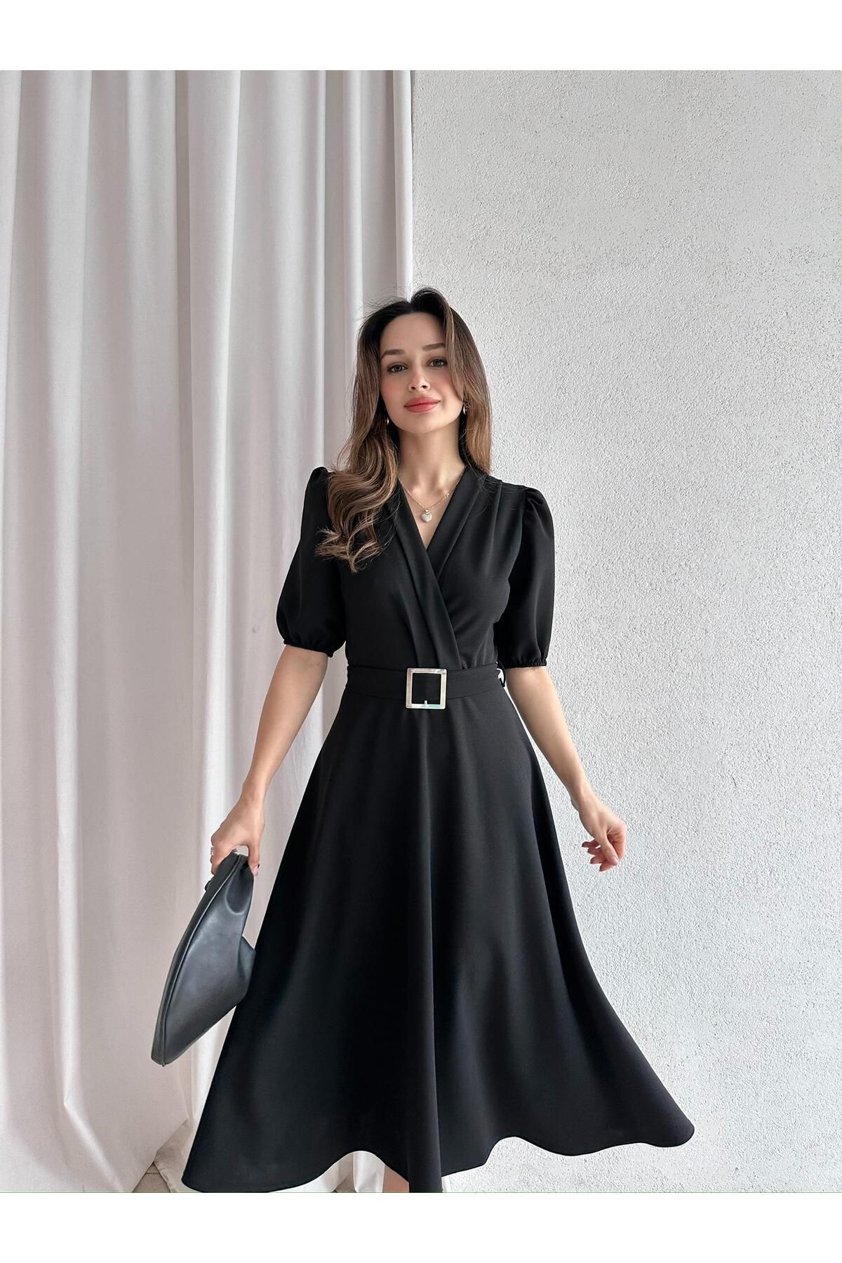 Mooi Butik PRANO Midi Elbise 7847 - Siyah