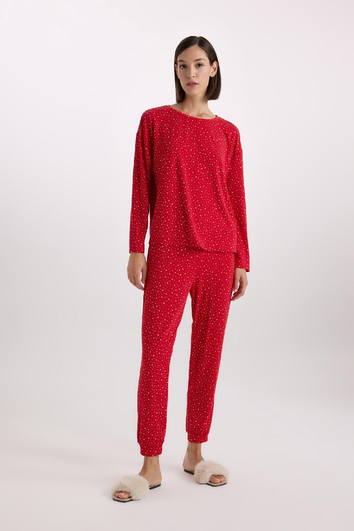 Defacto Fall in Love  Pijama Takımı Softshell Uzun Kollu Üst Beli Lastikli Uzun Alt D9183AX24WN