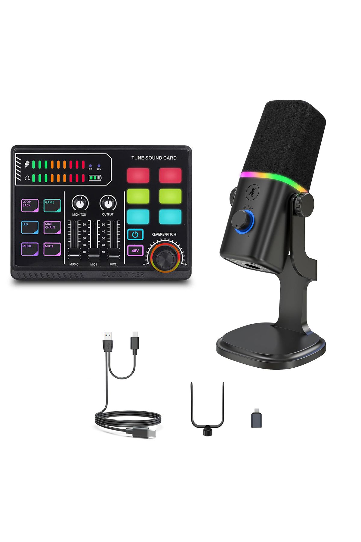 Coverzone Profesyonel Ses Kartı ve Mikrofon Set Kayıt Condenser Masaüstü Canlı Yayın Mikrofonu P100KD8